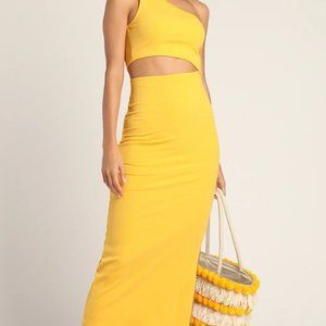 Lulus Spice Things Up Yellow Ribbed One-Shoulder Cutout Midi Dress